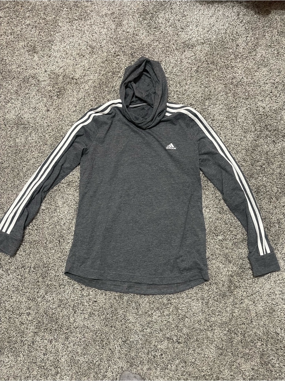 adidas Dark Gray Hooded Long Sleeve with White Sleeve Stripes